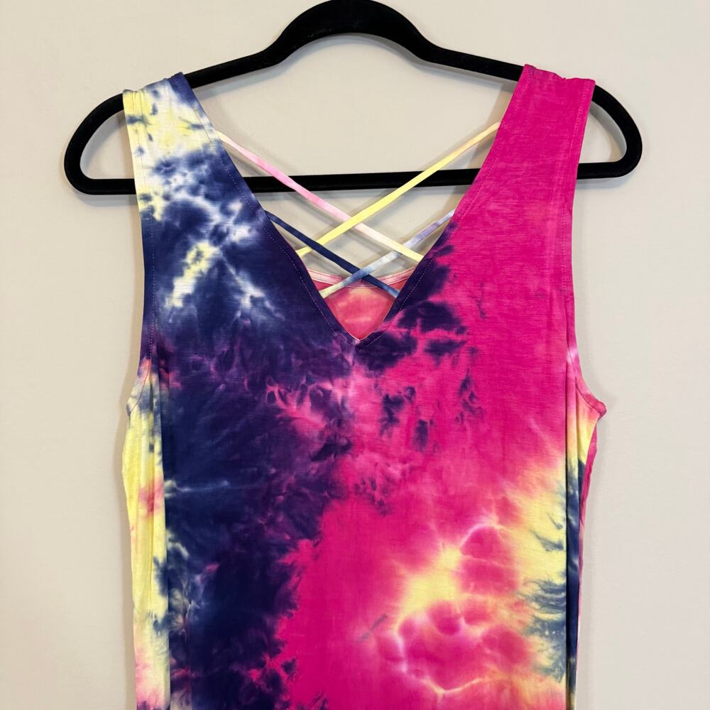 Nina Leonard Tie Dye Maxi Tank Dress L Petite Sleeveless Slit Stretch Summer - Picture 4 of 7